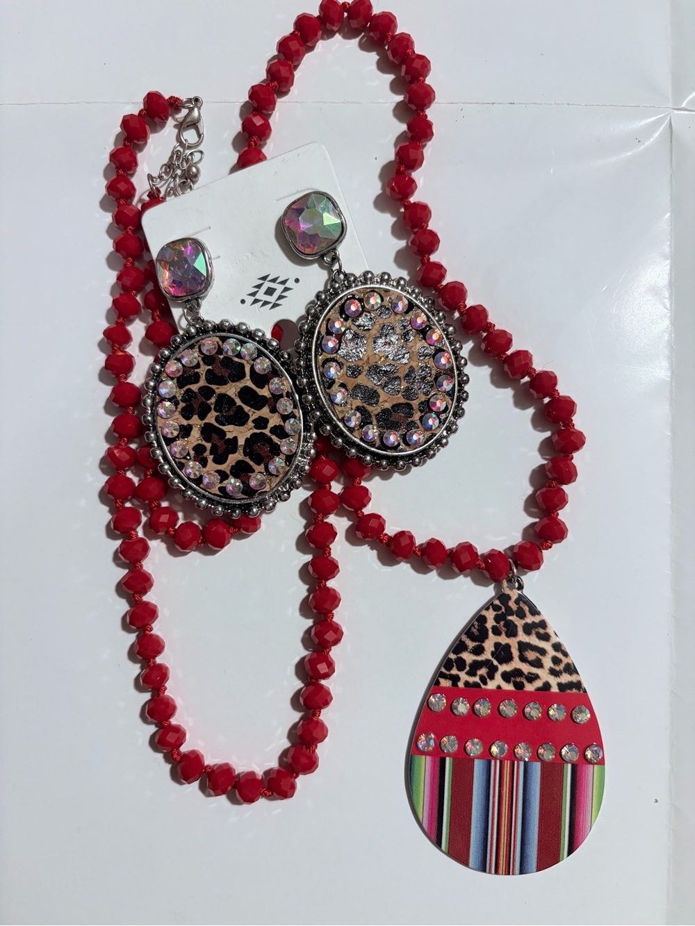 Red Beaded Necklace and Leopard Teardrop Earringd Set